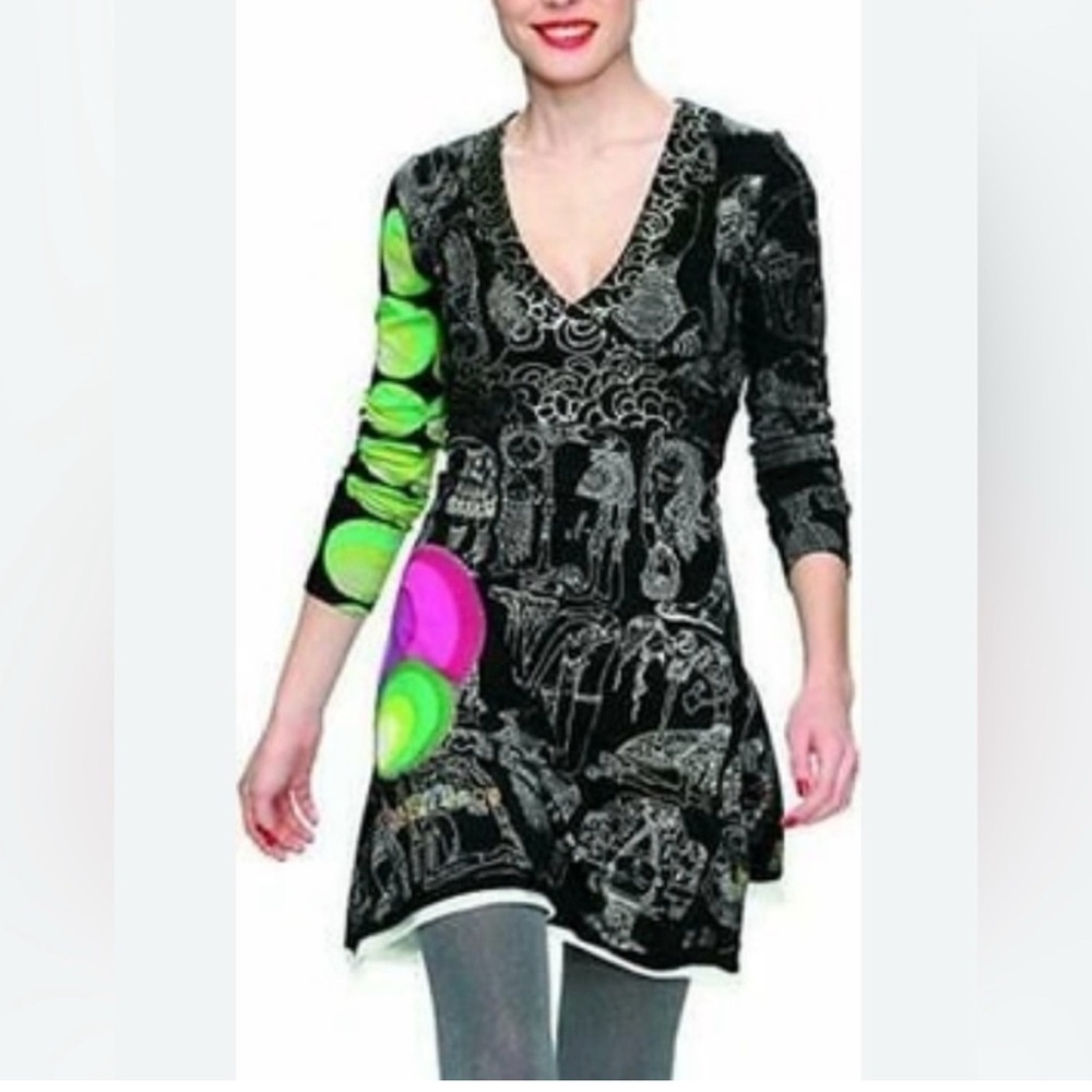 Desigual A-Line Dress S/M Embroidered Long Sleeve Knee Length Boho Indie Emo
